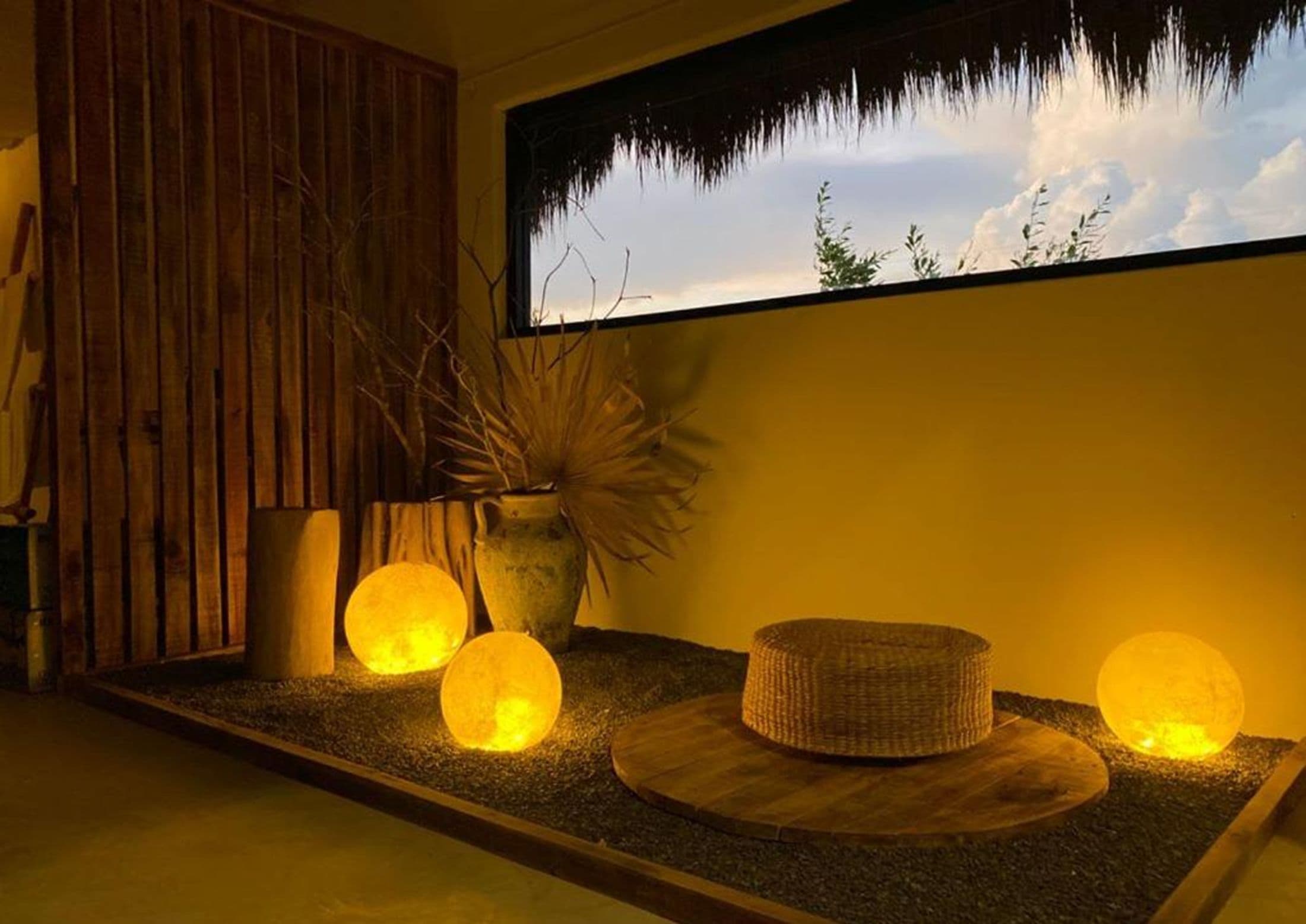 Zen lounge lit at night